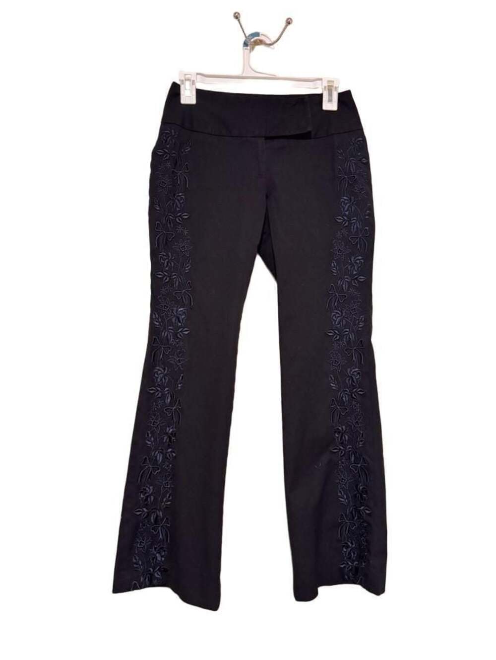 Context Petite Black Side Embroidered Floral Flare Pants Size 2P